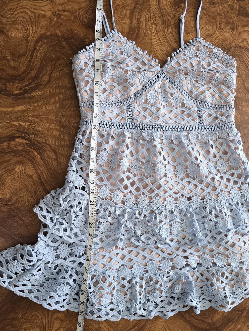 Just Me Light Blue Floral Crochet Lace Mini Dress Womens size Large - Picture 9 of 9